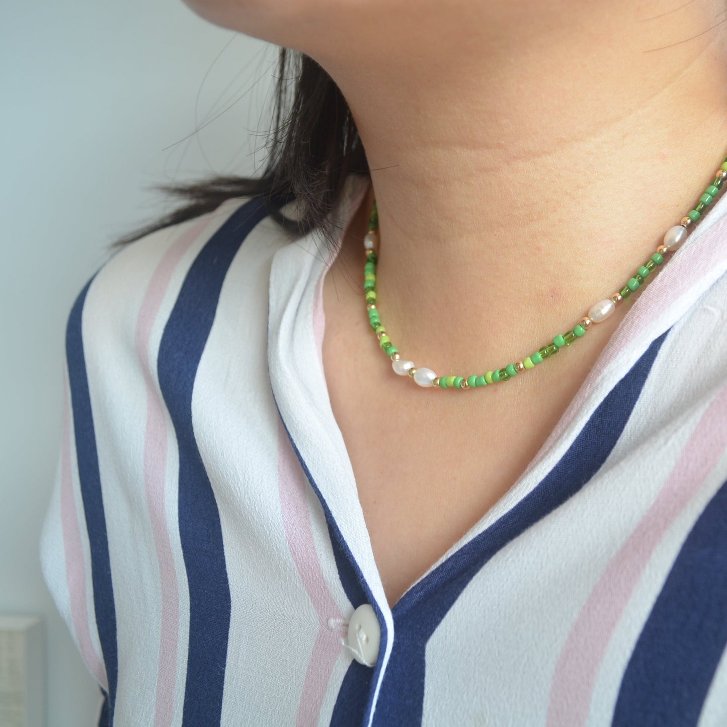 Delicate Green Beads and Pearl Necklace