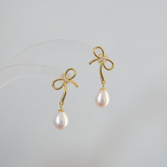 Lily-Pearl Bow Drop Earrings