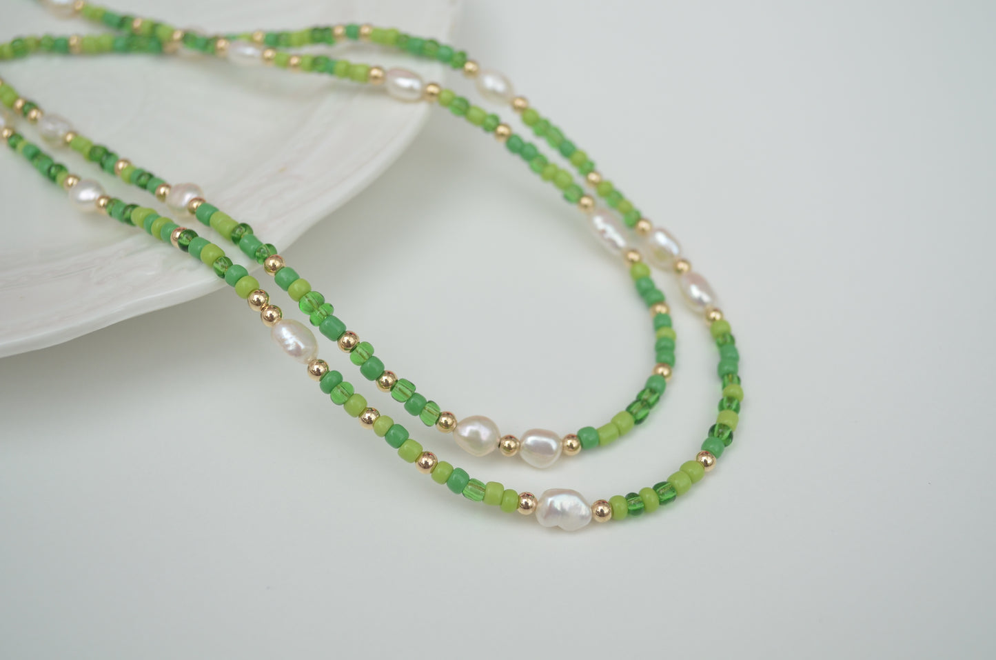 Delicate Green Beads and Pearl Necklace