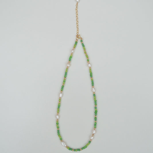 Delicate Green Beads and Pearl Necklace